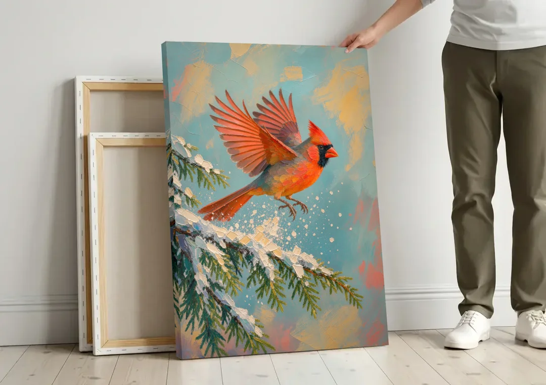 Cardinal Taking Flight from Snowy Hemlock canvas wall art leaning against a wall next to blank canvases