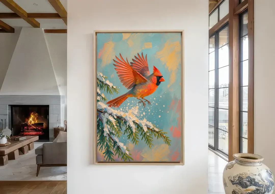 Cardinal Taking Flight from Snowy Hemlock canvas wall art in a living room with a fireplace
