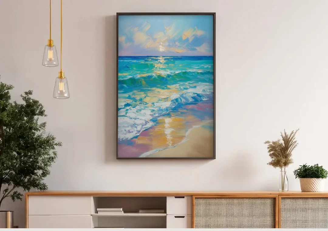 Caribbean Turquoise Gradient canvas wall art above a wooden sideboard under pendant lights