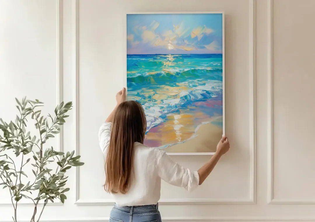 Caribbean Turquoise Gradient canvas wall art being hung on a paneled wall