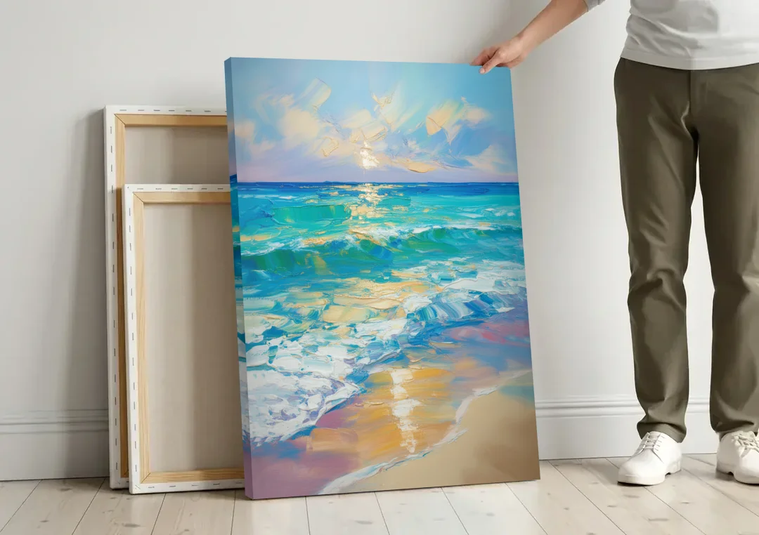 Caribbean Turquoise Gradient canvas wall art leaning against a wall next to blank canvases