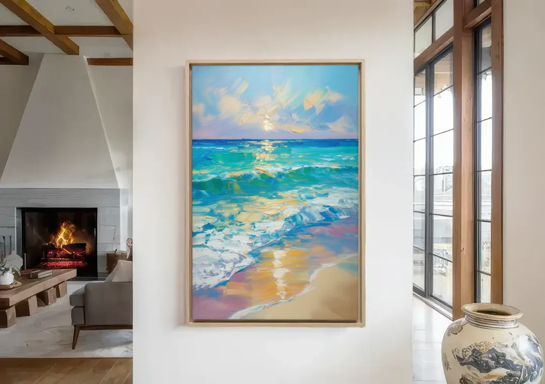 Caribbean Turquoise Gradient canvas wall art in a living room with a fireplace