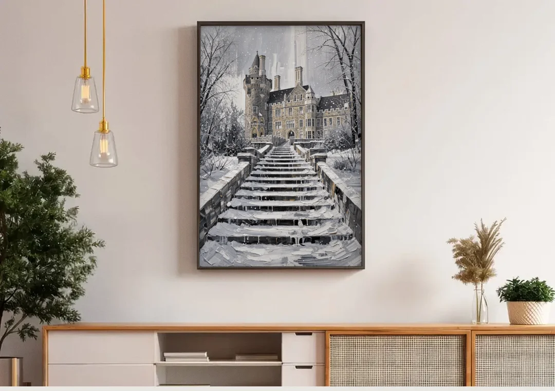 Casa Loma Historic View canvas wall art above a wooden sideboard under pendant lights
