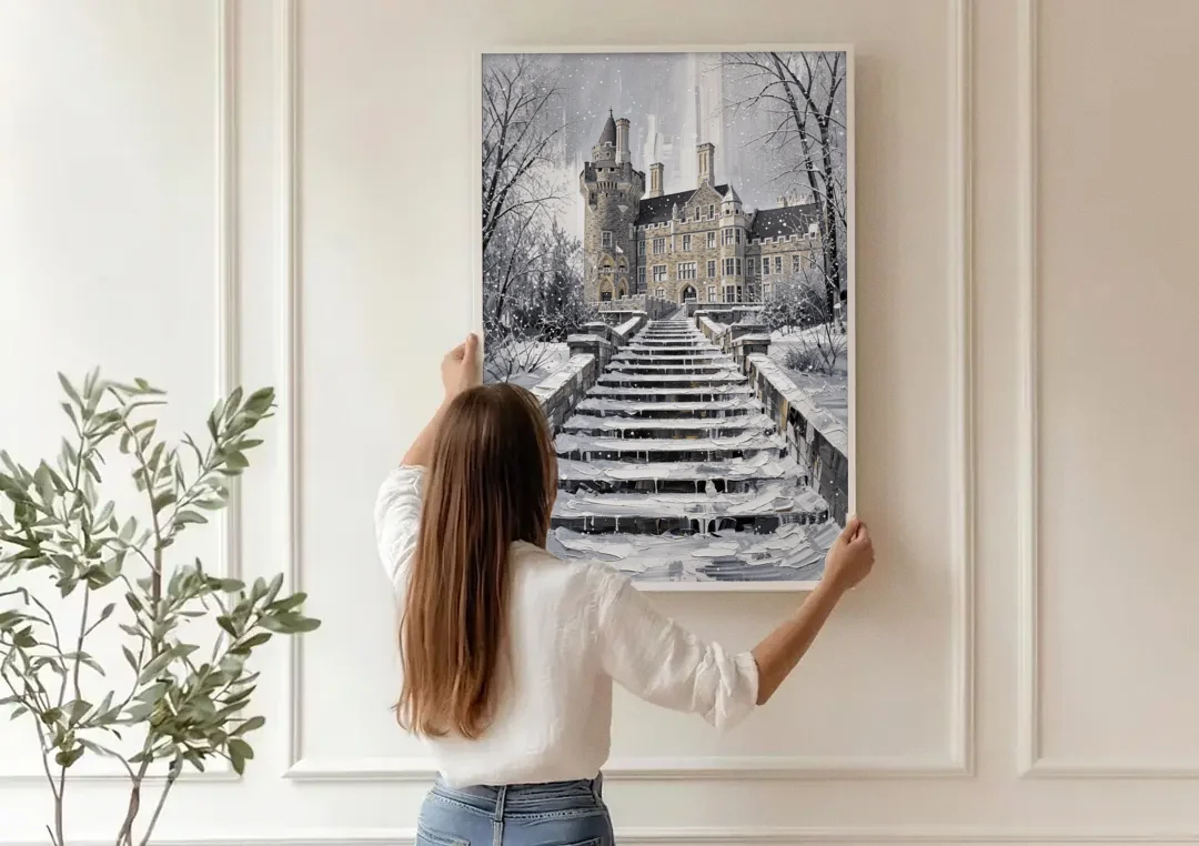Casa Loma Historic View canvas wall art being hung on a paneled wall
