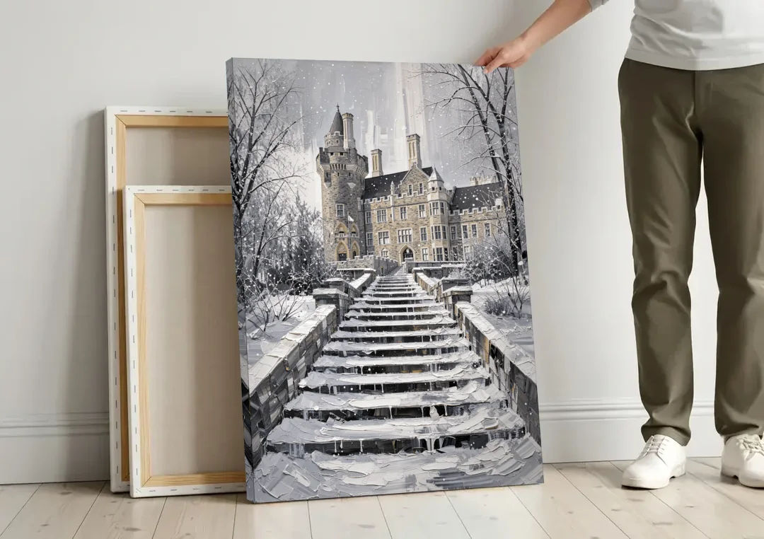 Casa Loma Historic View canvas wall art leaning against a wall next to blank canvases
