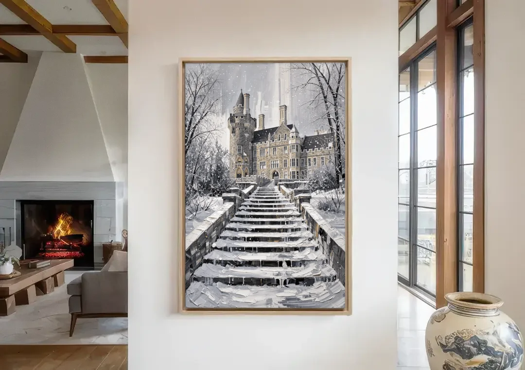Casa Loma Historic View canvas wall art in a living room with a fireplace