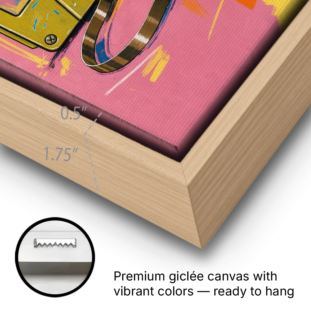 Cassette Tape Wall Art with Unspooled Tape Loop - Oak Framed Canvas Wall Art - Gallery Wrap Corner