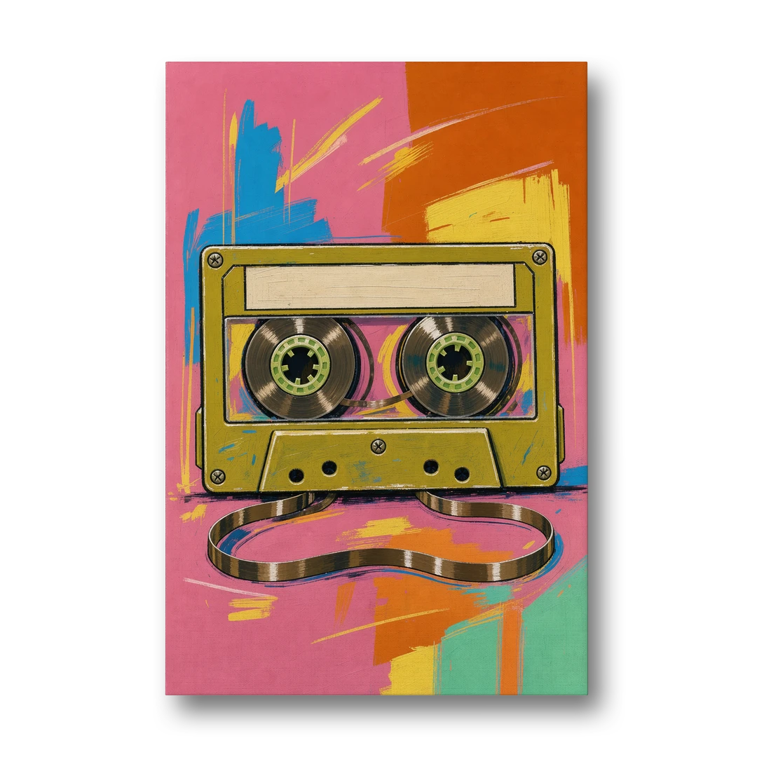 Cassette Tape Wall Art with Unspooled Tape Loop - Canvas Wall Art - Front