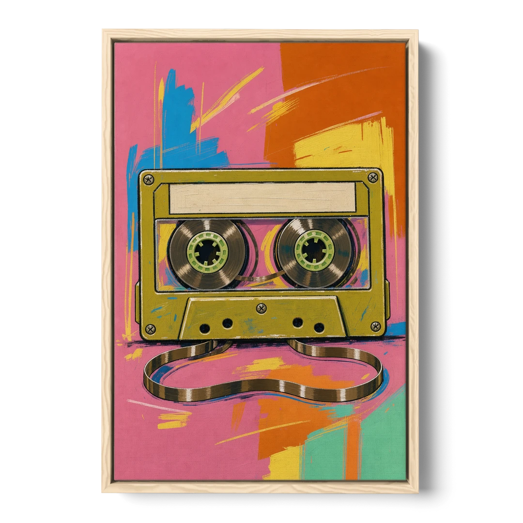 Cassette Tape Wall Art with Unspooled Tape Loop - Oak Framed Canvas Wall Art - Front