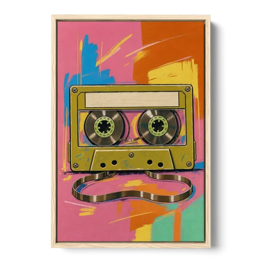 Cassette Tape Wall Art with Unspooled Tape Loop - Oak Framed Canvas Wall Art - Front