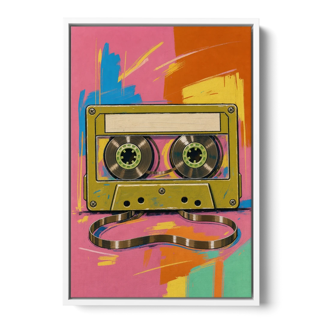 Cassette Tape Wall Art with Unspooled Tape Loop - White Framed Canvas Wall Art - Front