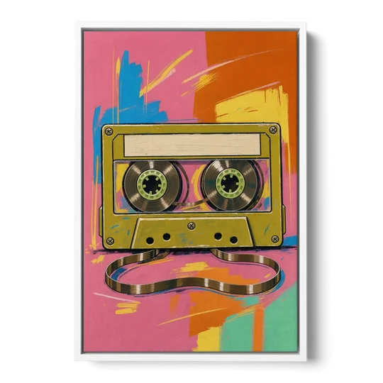 Cassette Tape Wall Art with Unspooled Tape Loop - White Framed Canvas Wall Art - Front