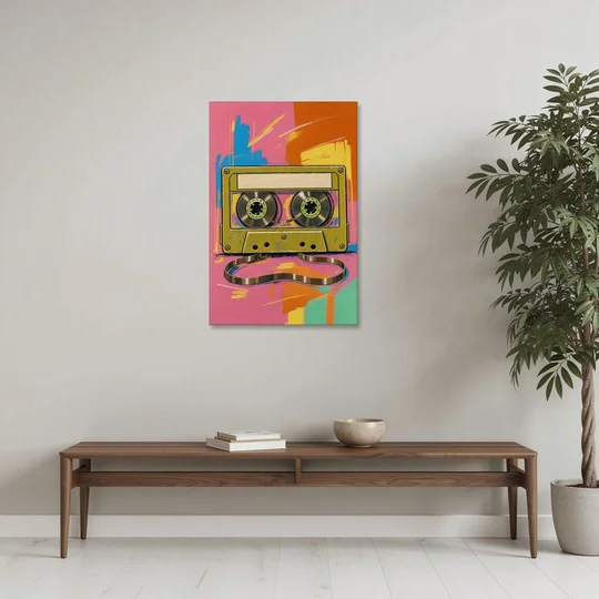 Cassette Tape Wall Art with Unspooled Tape Loop - Canvas Wall Art - Coffee Table - 24x36