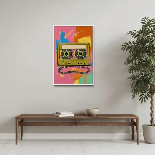 Cassette Tape Wall Art with Unspooled Tape Loop - White Framed Canvas Wall Art - Coffee Table - 24x36