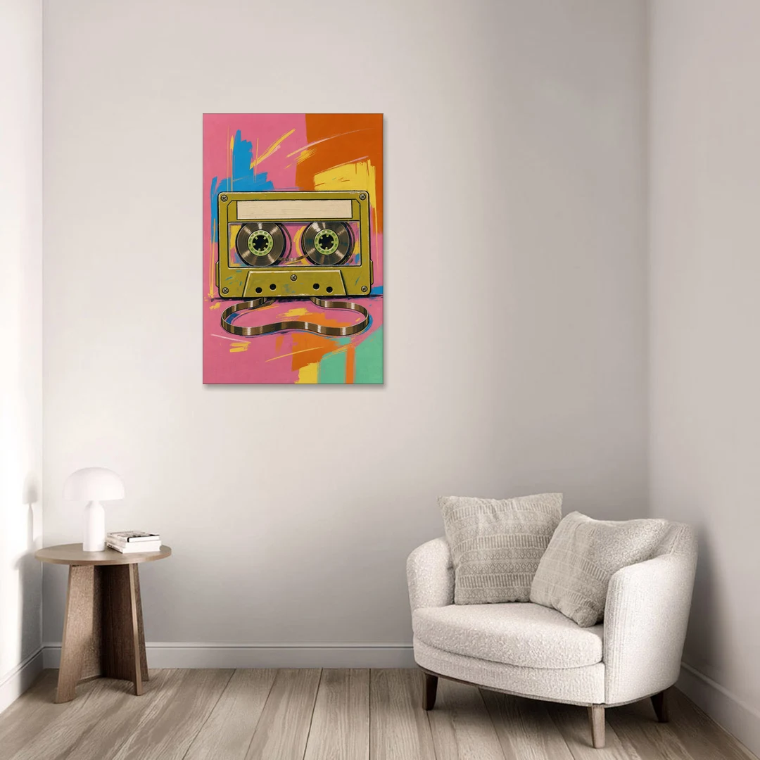 Cassette Tape Wall Art with Unspooled Tape Loop - Canvas Wall Art - Sofa - 24x36