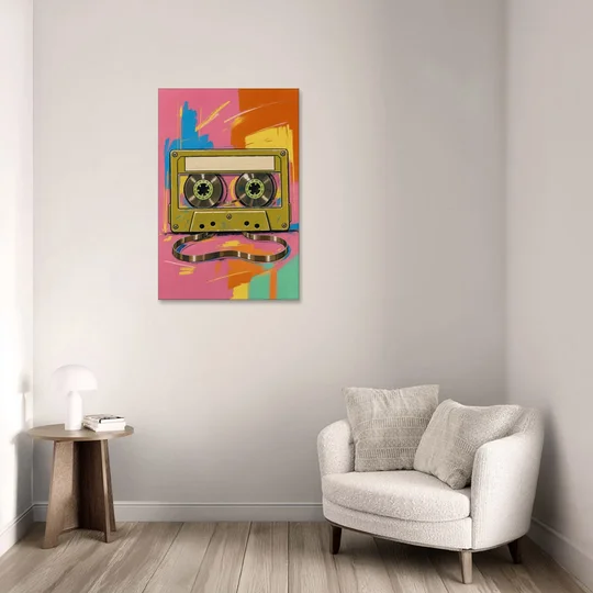 Cassette Tape Wall Art with Unspooled Tape Loop - Canvas Wall Art - Sofa - 24x36