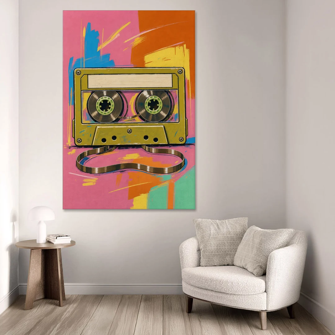 Cassette Tape Wall Art with Unspooled Tape Loop - Canvas Wall Art - Sofa - 40x60