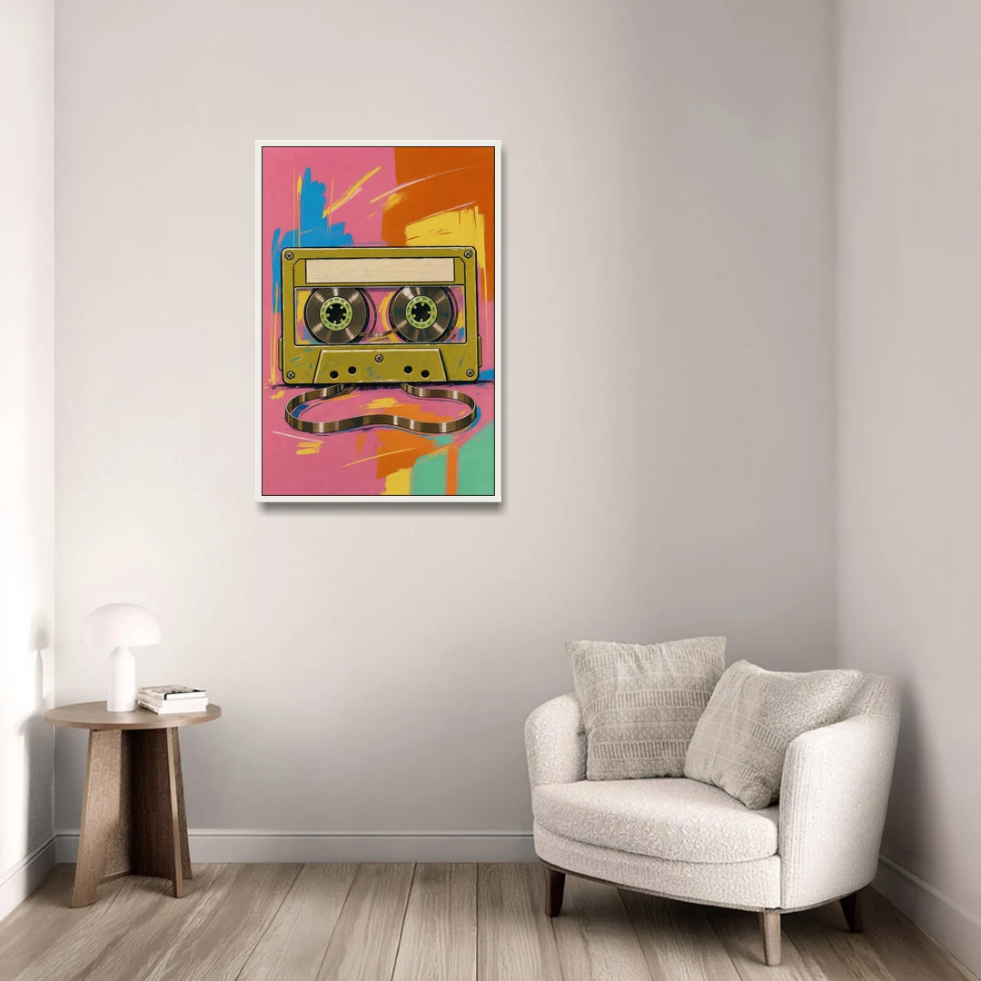 Cassette Tape Wall Art with Unspooled Tape Loop - White Framed Canvas Wall Art - Sofa - 24x36