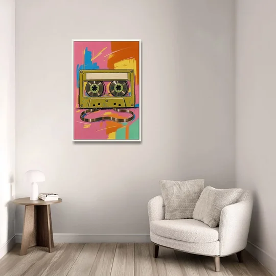 Cassette Tape Wall Art with Unspooled Tape Loop - White Framed Canvas Wall Art - Sofa - 24x36