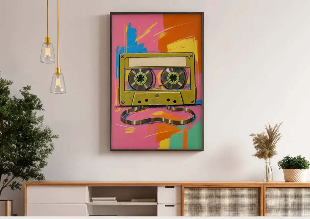 Cassette Tape Wall Art with Unspooled Tape Loop canvas wall art above a wooden sideboard under pendant lights