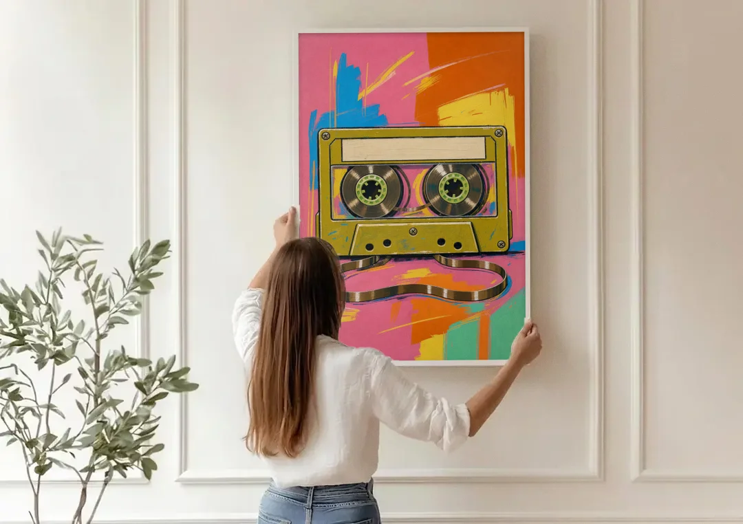 Cassette Tape Wall Art with Unspooled Tape Loop canvas wall art being hung on a paneled wall