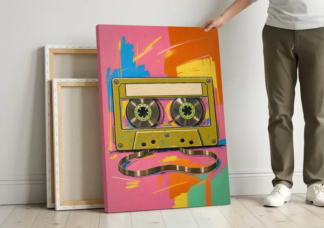 Cassette Tape Wall Art with Unspooled Tape Loop canvas wall art leaning against a wall next to blank canvases