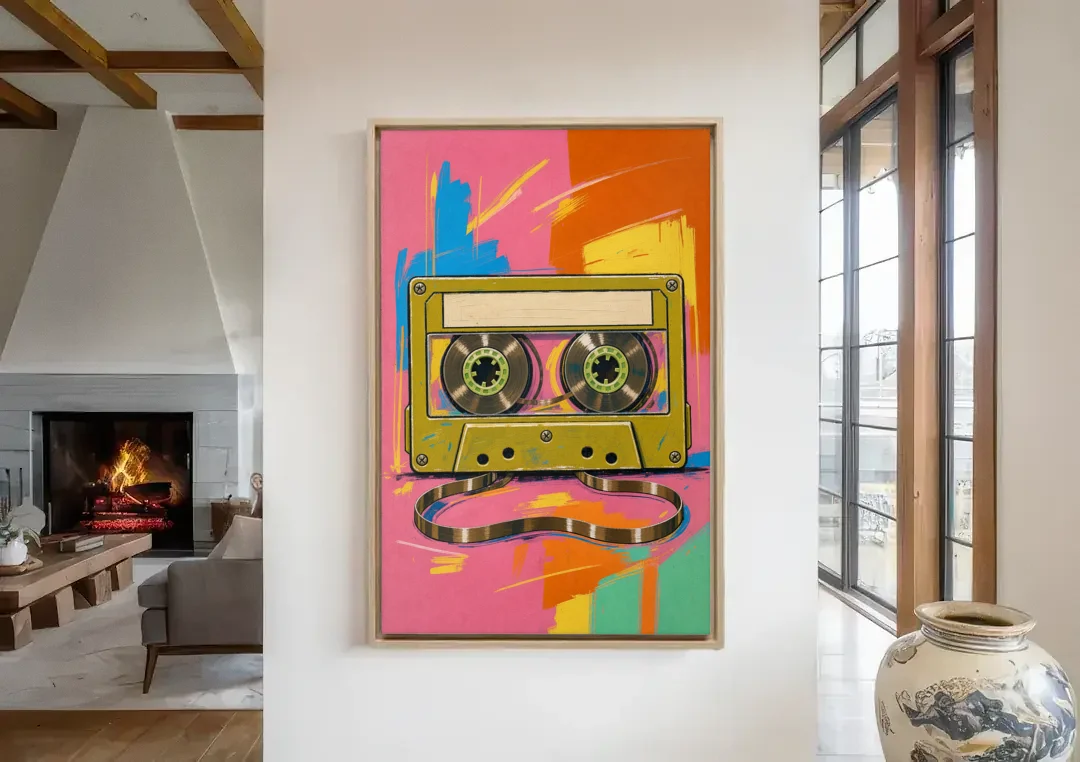 Cassette Tape Wall Art with Unspooled Tape Loop canvas wall art in a living room with a fireplace