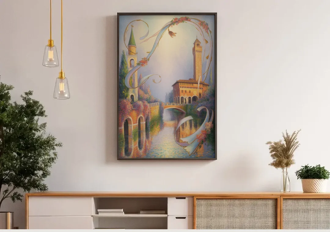Castelvecchio Charm canvas wall art above a wooden sideboard under pendant lights
