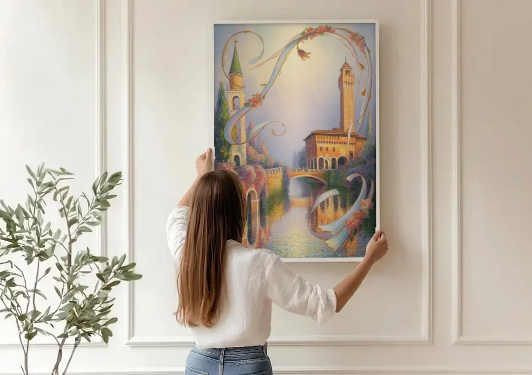 Castelvecchio Charm canvas wall art being hung on a paneled wall