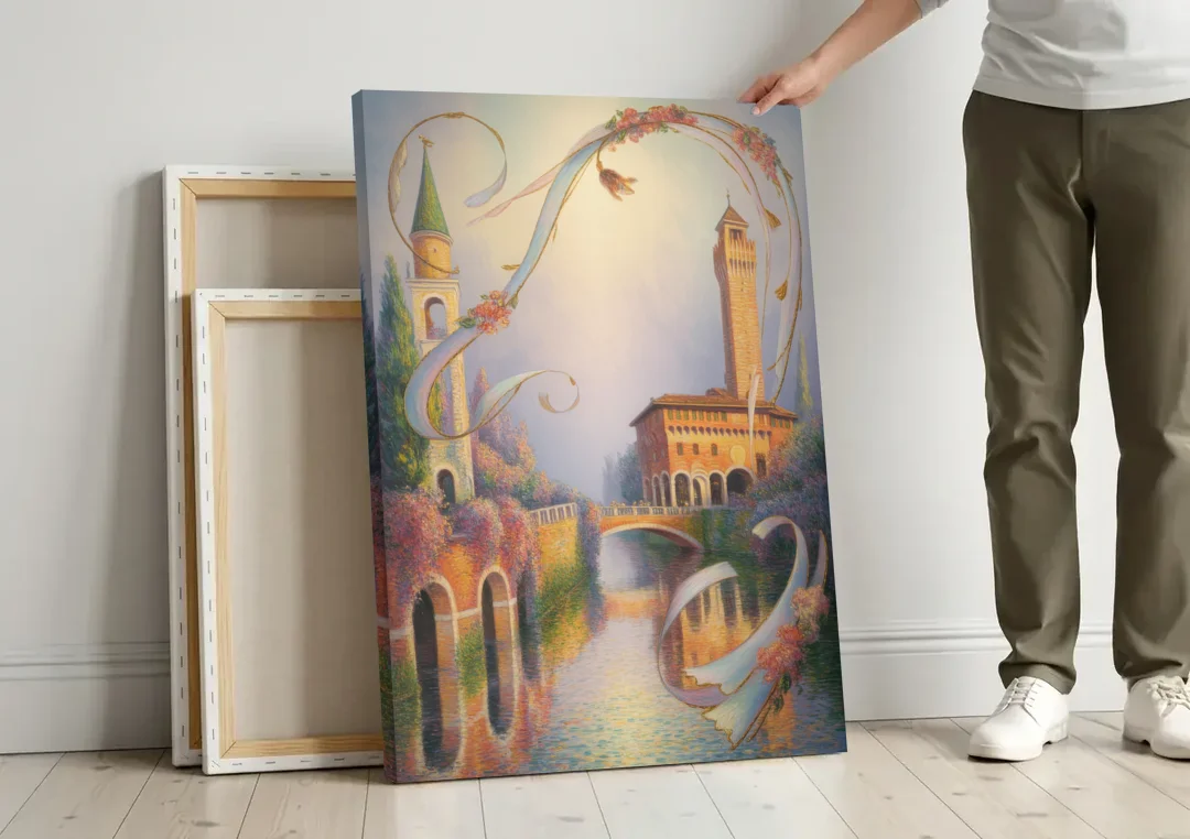 Castelvecchio Charm canvas wall art leaning against a wall next to blank canvases
