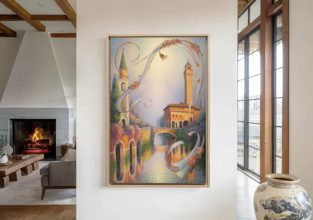 Castelvecchio Charm canvas wall art in a living room with a fireplace
