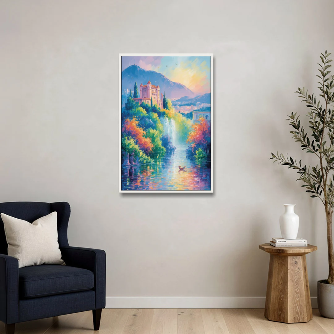 Castle Hill View - White Framed Canvas Wall Art - Sofa - 24x36