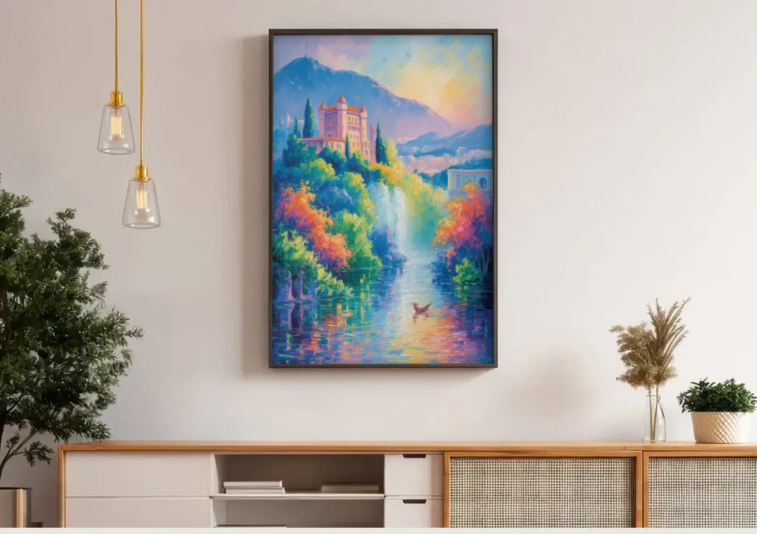 Castle Hill View canvas wall art above a wooden sideboard under pendant lights