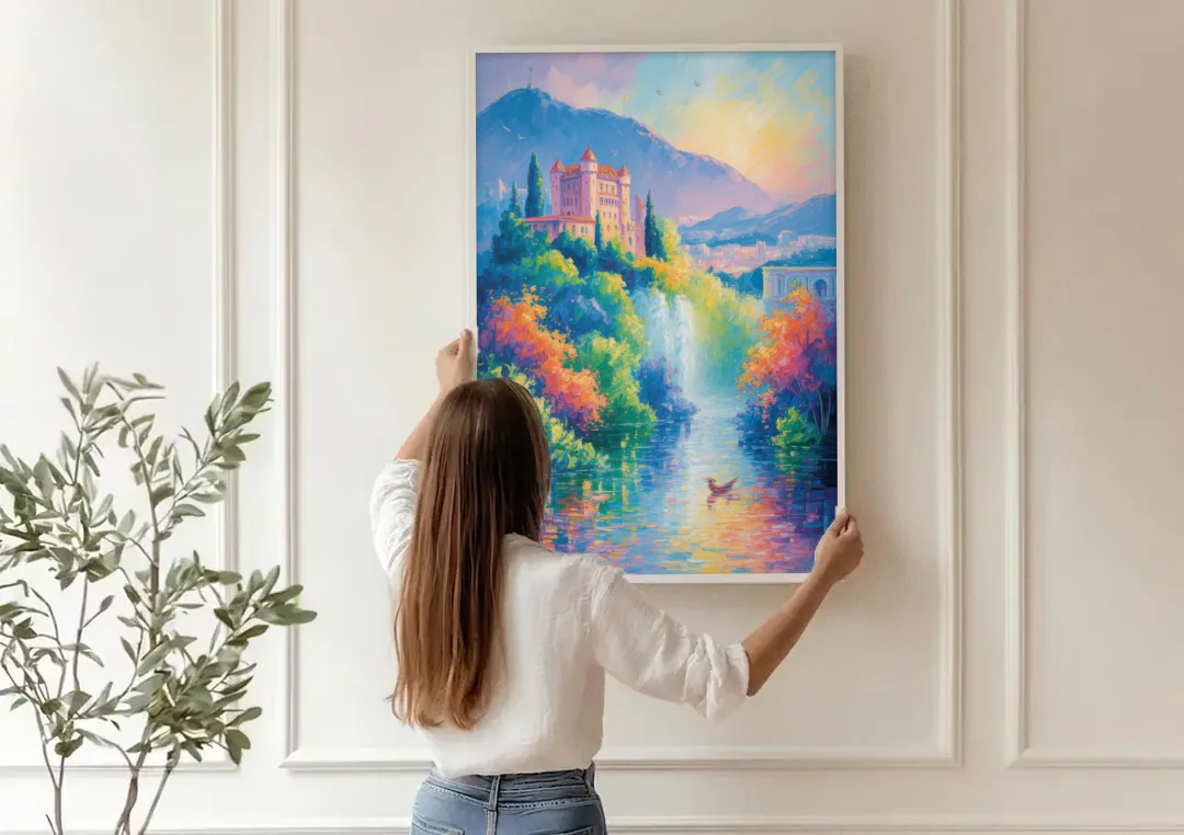 Castle Hill View canvas wall art being hung on a paneled wall