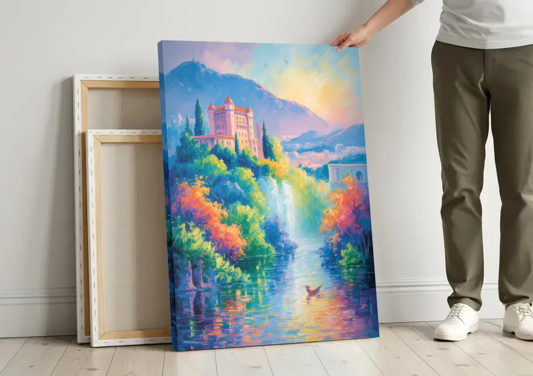 Castle Hill View canvas wall art leaning against a wall next to blank canvases