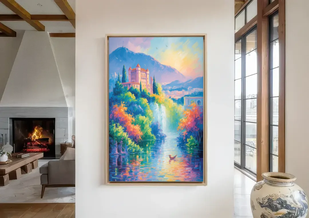 Castle Hill View canvas wall art in a living room with a fireplace