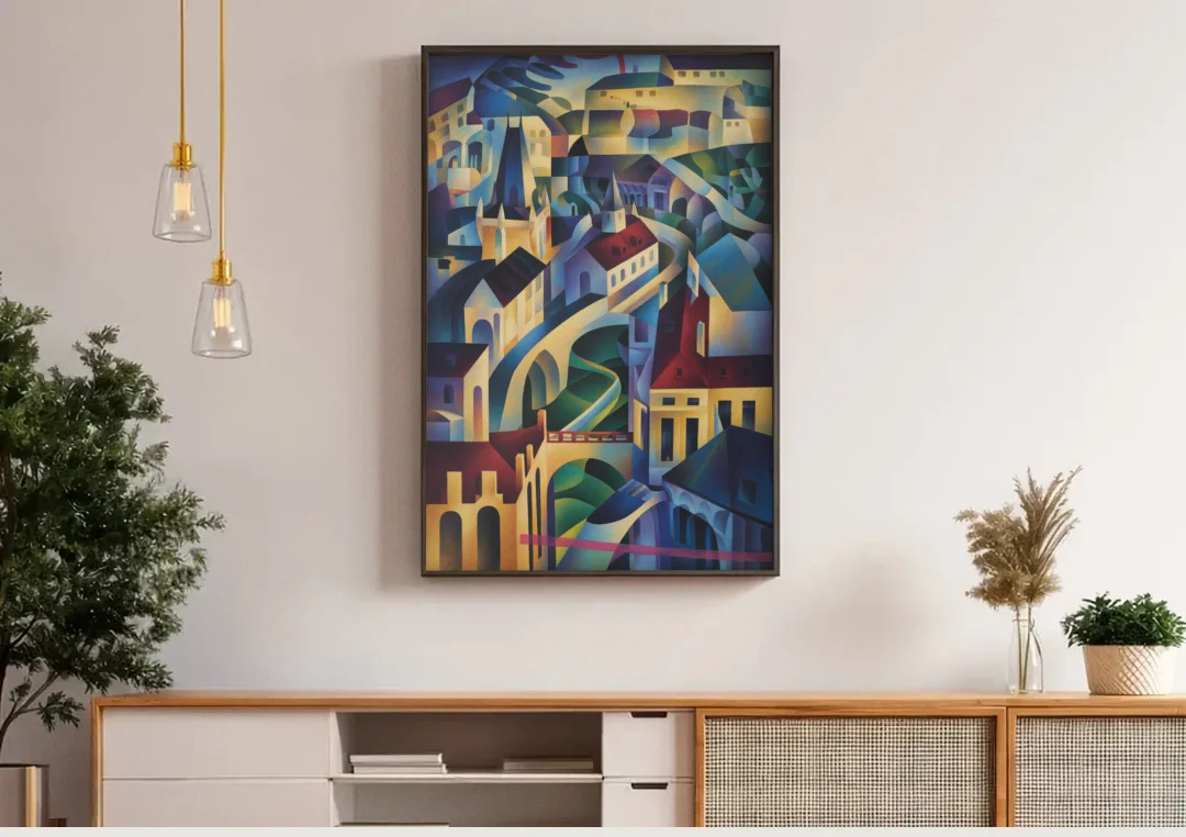 Castle Hill Views canvas wall art above a wooden sideboard under pendant lights
