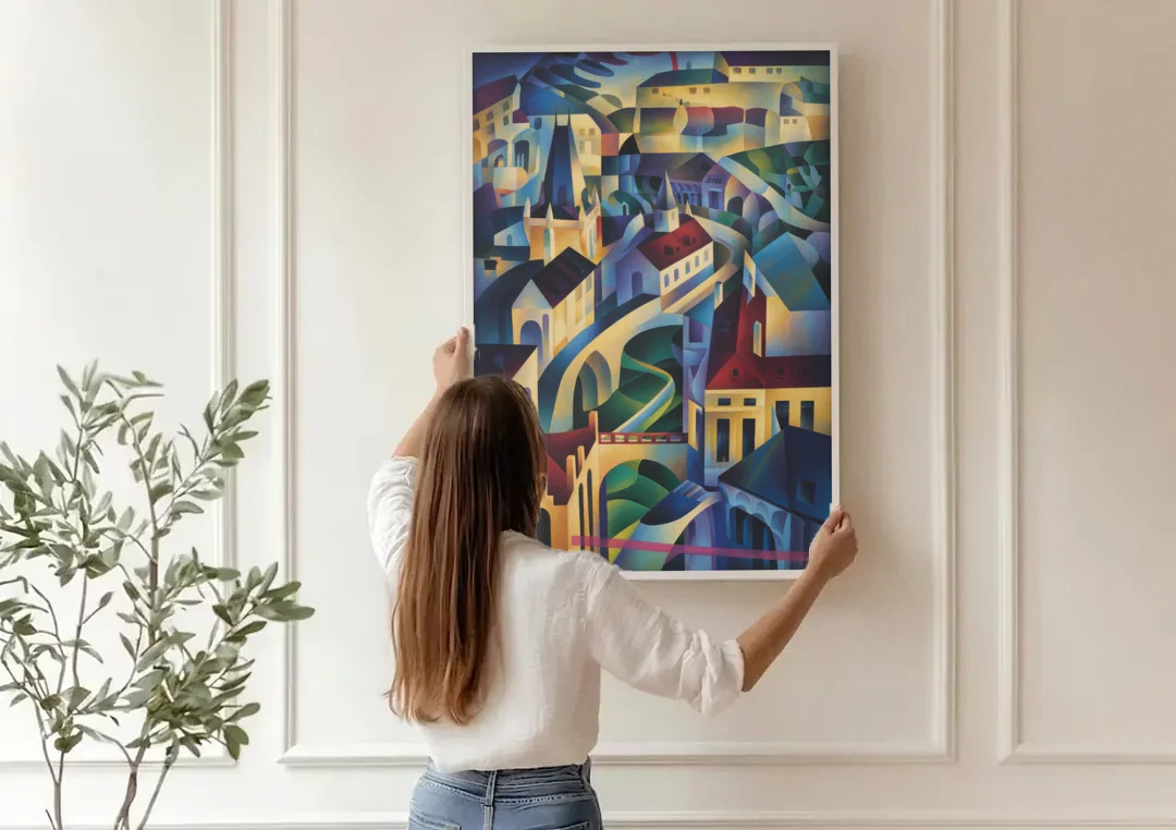 Castle Hill Views canvas wall art being hung on a paneled wall