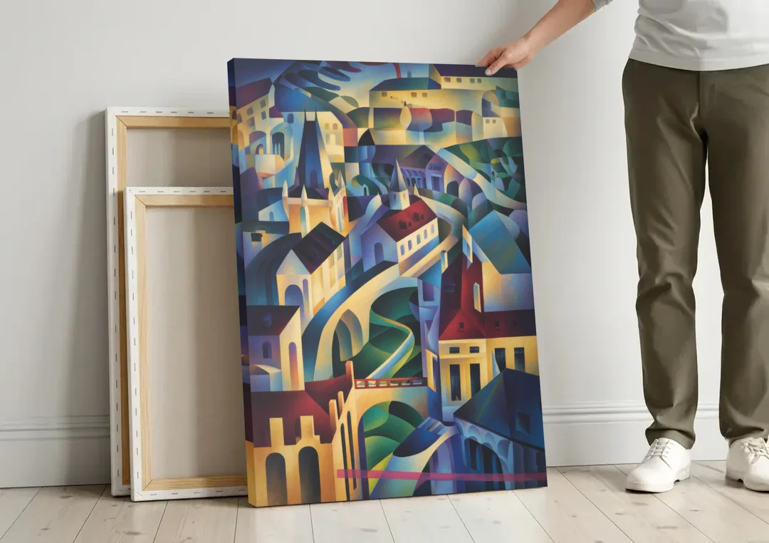 Castle Hill Views canvas wall art leaning against a wall next to blank canvases