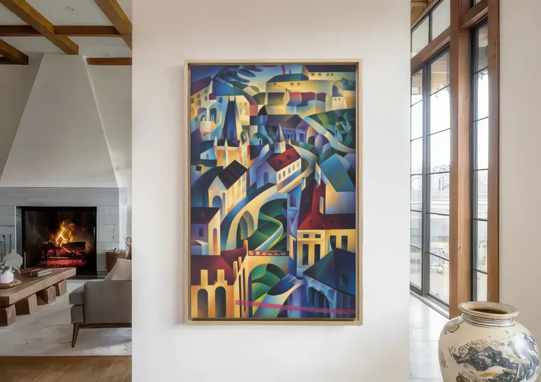 Castle Hill Views canvas wall art in a living room with a fireplace