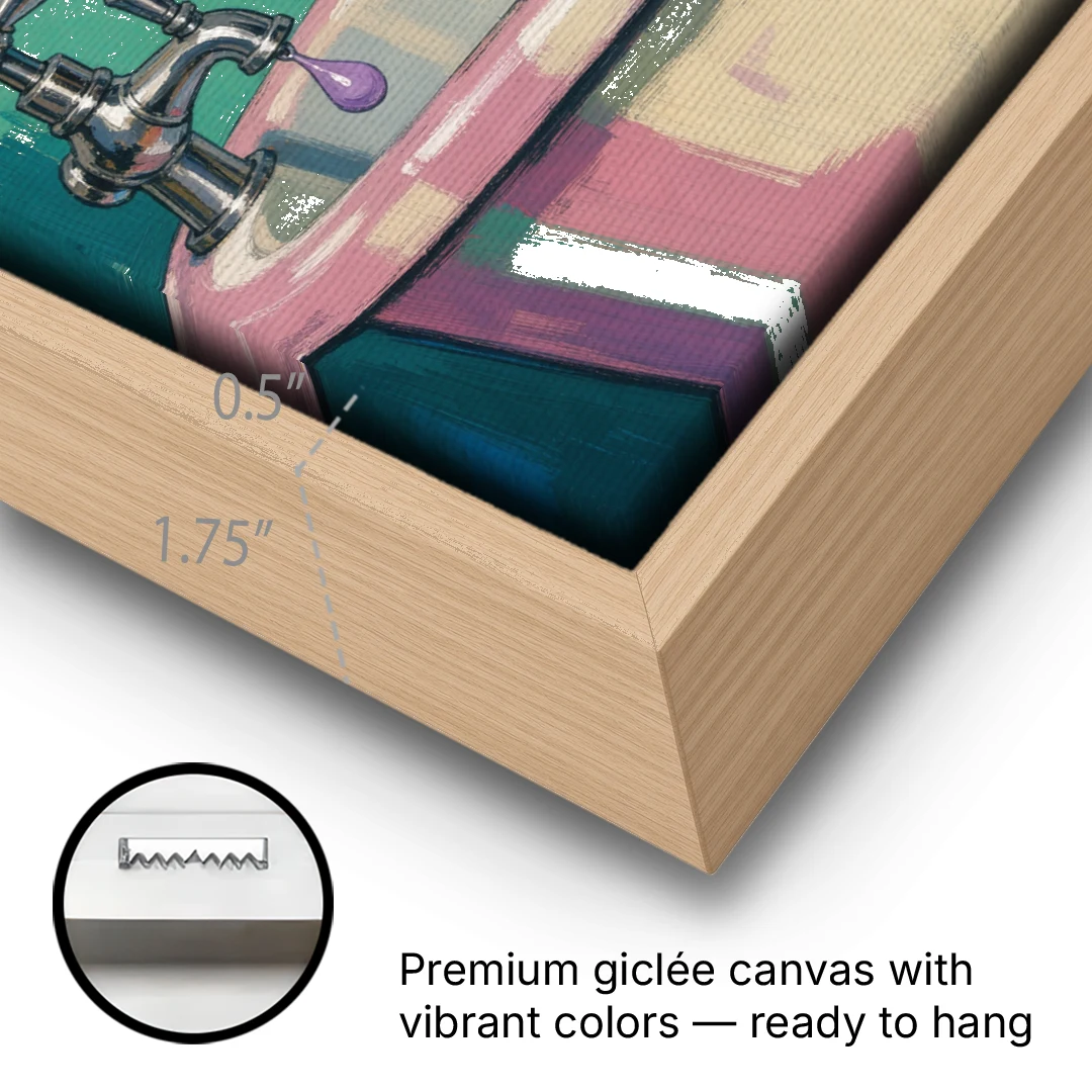 Cat Bathroom Wall Art with a Grumpy Tabby - Oak Framed Canvas Wall Art - Gallery Wrap Corner