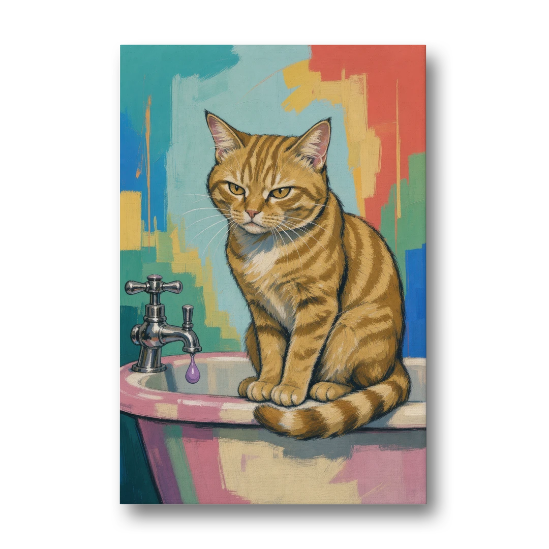 Cat Bathroom Wall Art with a Grumpy Tabby - Canvas Wall Art - Front