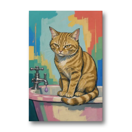 Cat Bathroom Wall Art with a Grumpy Tabby - Canvas Wall Art - Front