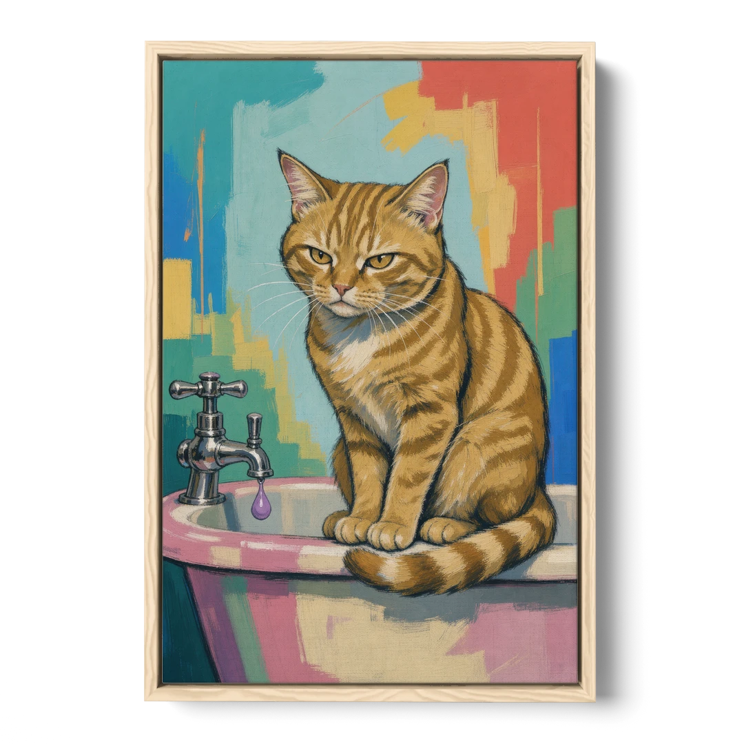 Cat Bathroom Wall Art with a Grumpy Tabby - Oak Framed Canvas Wall Art - Front