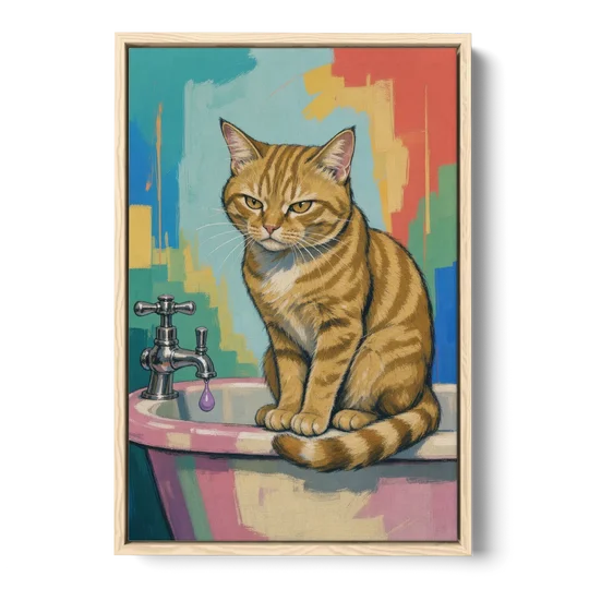 Cat Bathroom Wall Art with a Grumpy Tabby - Oak Framed Canvas Wall Art - Front