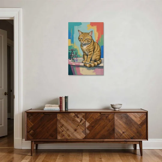 Cat Bathroom Wall Art with a Grumpy Tabby - Canvas Wall Art - Coffee Table - 24x36