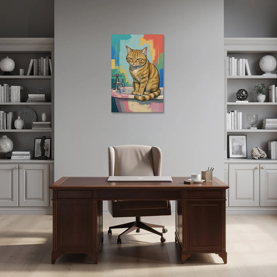 Cat Bathroom Wall Art with a Grumpy Tabby - Canvas Wall Art - Office - 24x36