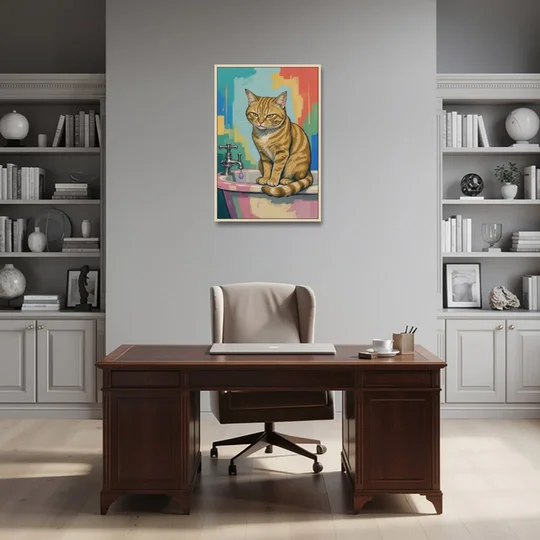 Cat Bathroom Wall Art with a Grumpy Tabby - Oak Framed Canvas Wall Art - Office - 24x36