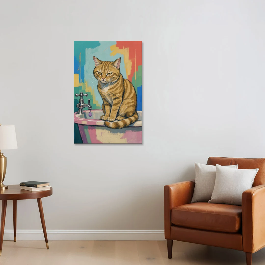 Cat Bathroom Wall Art with a Grumpy Tabby - Canvas Wall Art - Sofa - 24x36