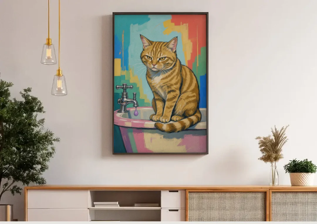 Cat Bathroom Wall Art with a Grumpy Tabby canvas wall art above a wooden sideboard under pendant lights